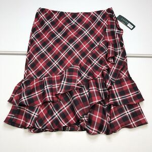 Lauren Ralph Lauren Skirt Red Tartan Plaid Ruffles Knee Length Pull On Women L